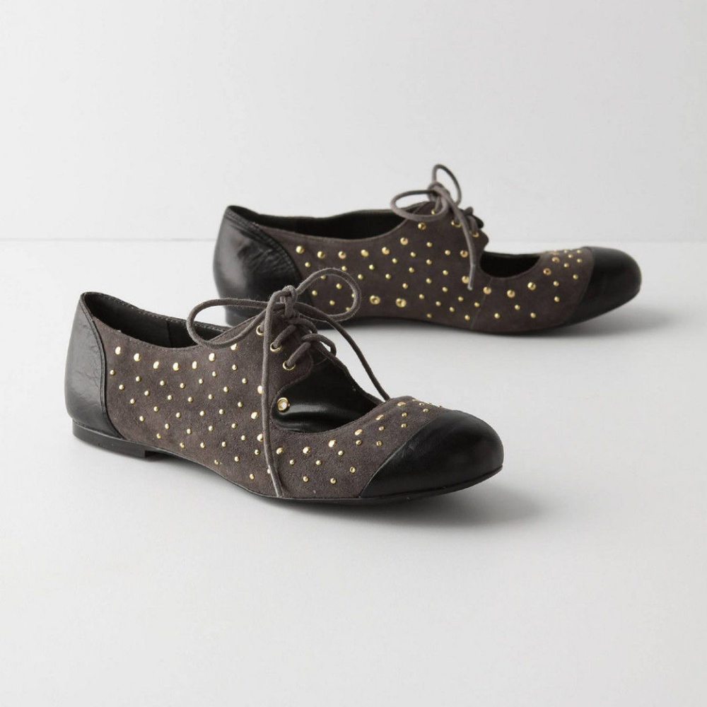 Anthropologie Golden Discs Oxfords Studded Gray Suede Flats Shoes By Matiko 6.5